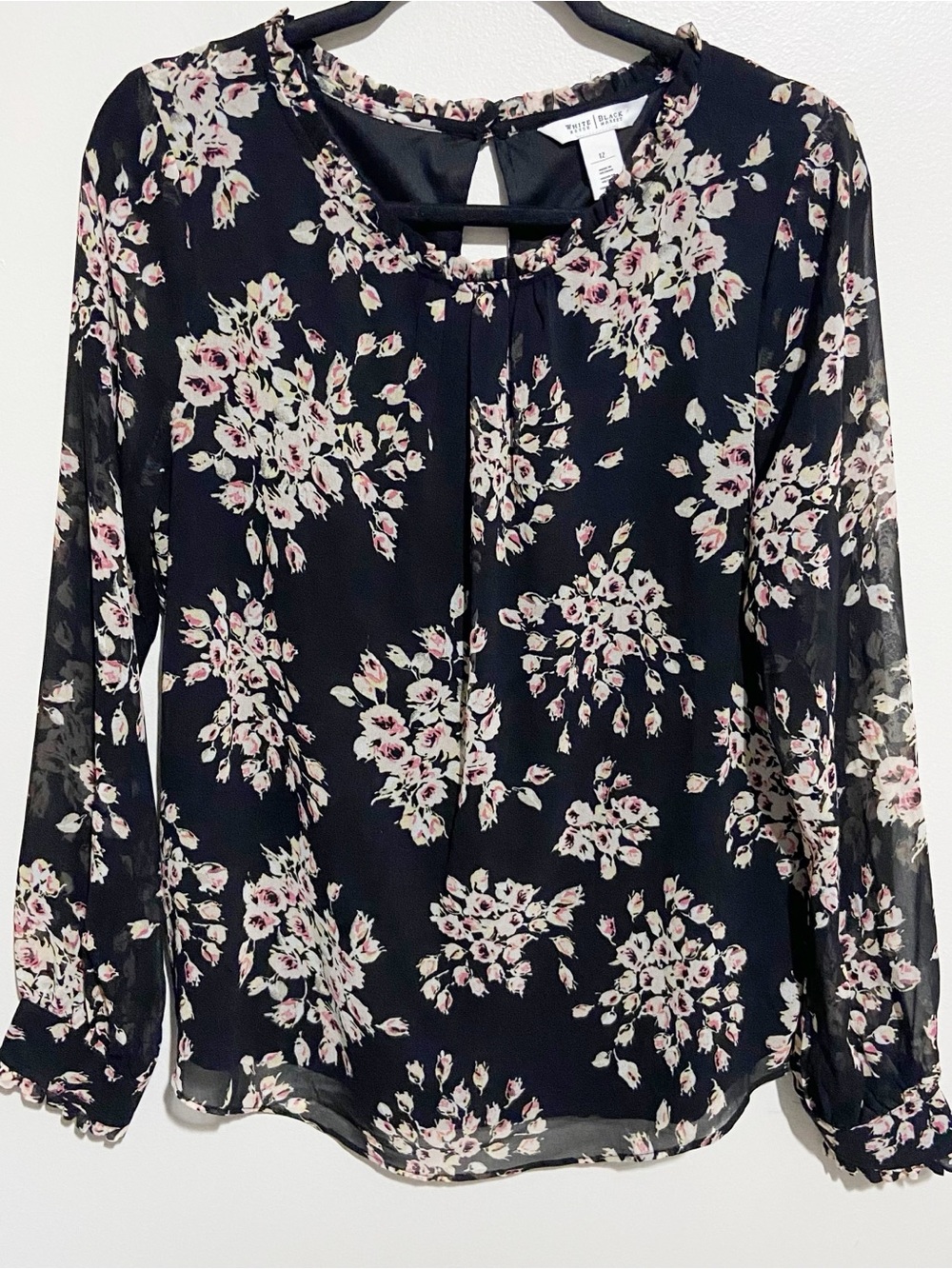 White House Black Market Top Womens Size 12 Sheer Sleeve Blouse Floral Fairy